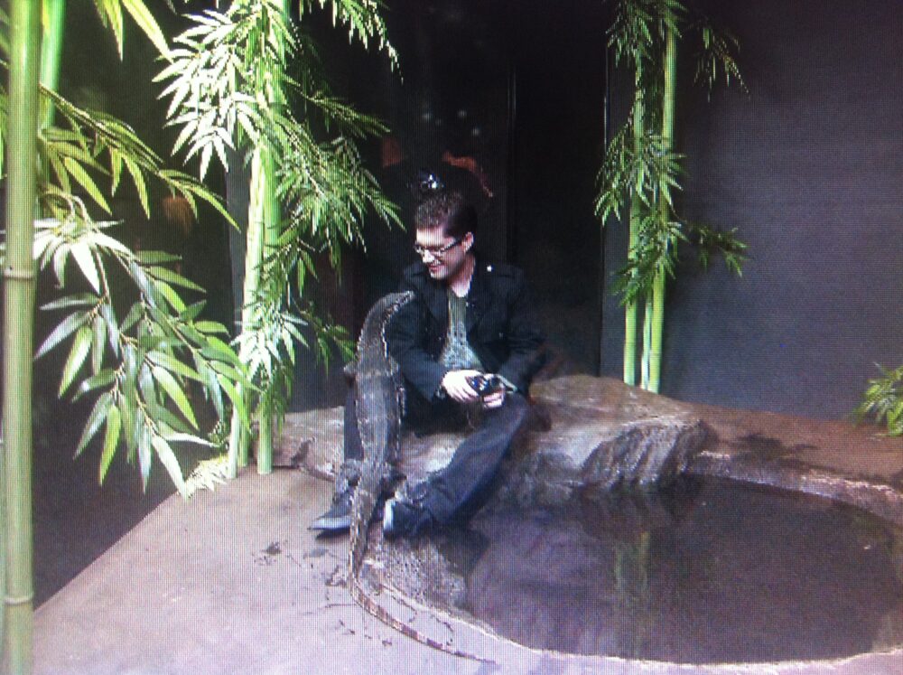 Kris Abel inside the reptile exhibit at the Ontario Science Centre with a curious Asian Water Monitor Lizard having crawled up his lap.